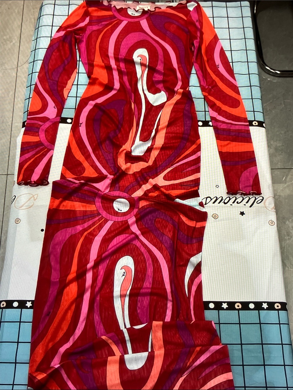 Emilio Pucci Long Sleeve Abstract Swirl Dress in Red, Pink and White